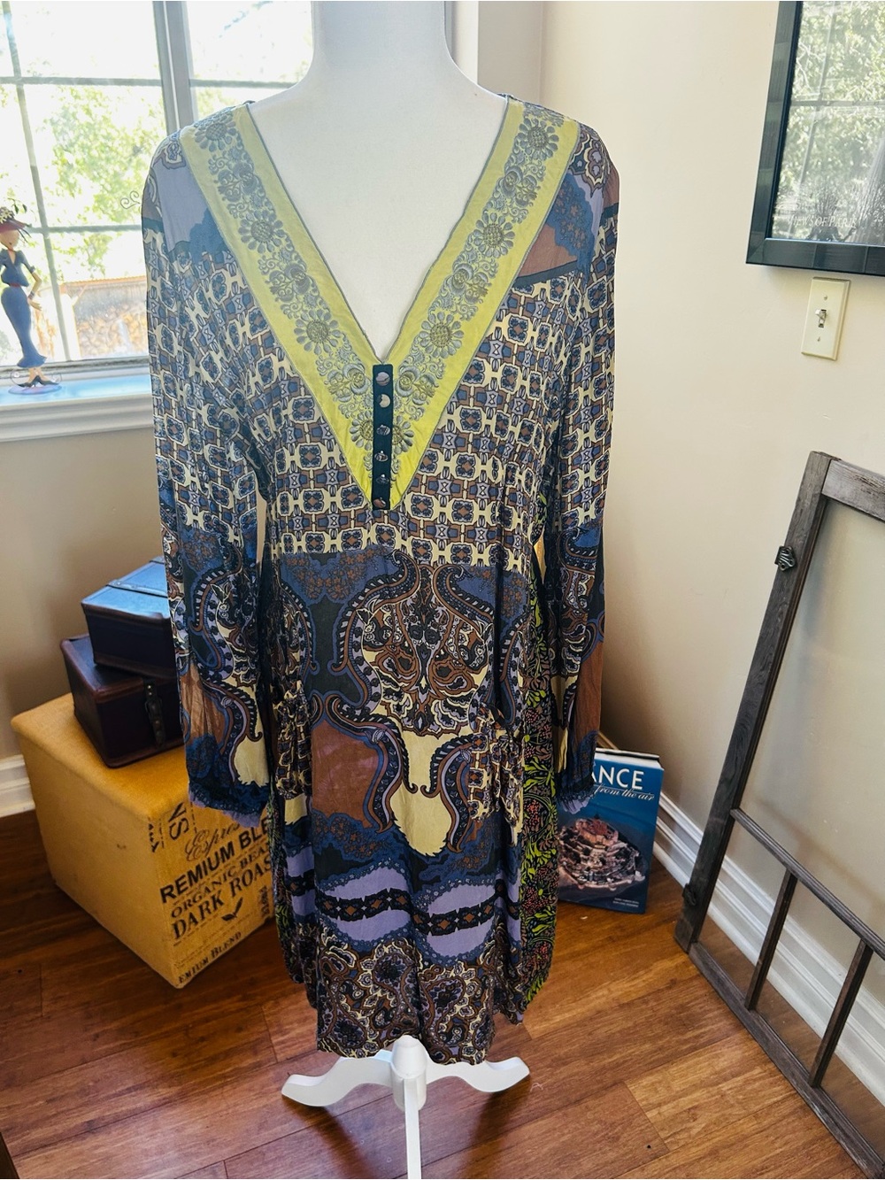 Johnny Was Long Sleeve Boho Midi Dress in Blue, Green and Brown Paisley